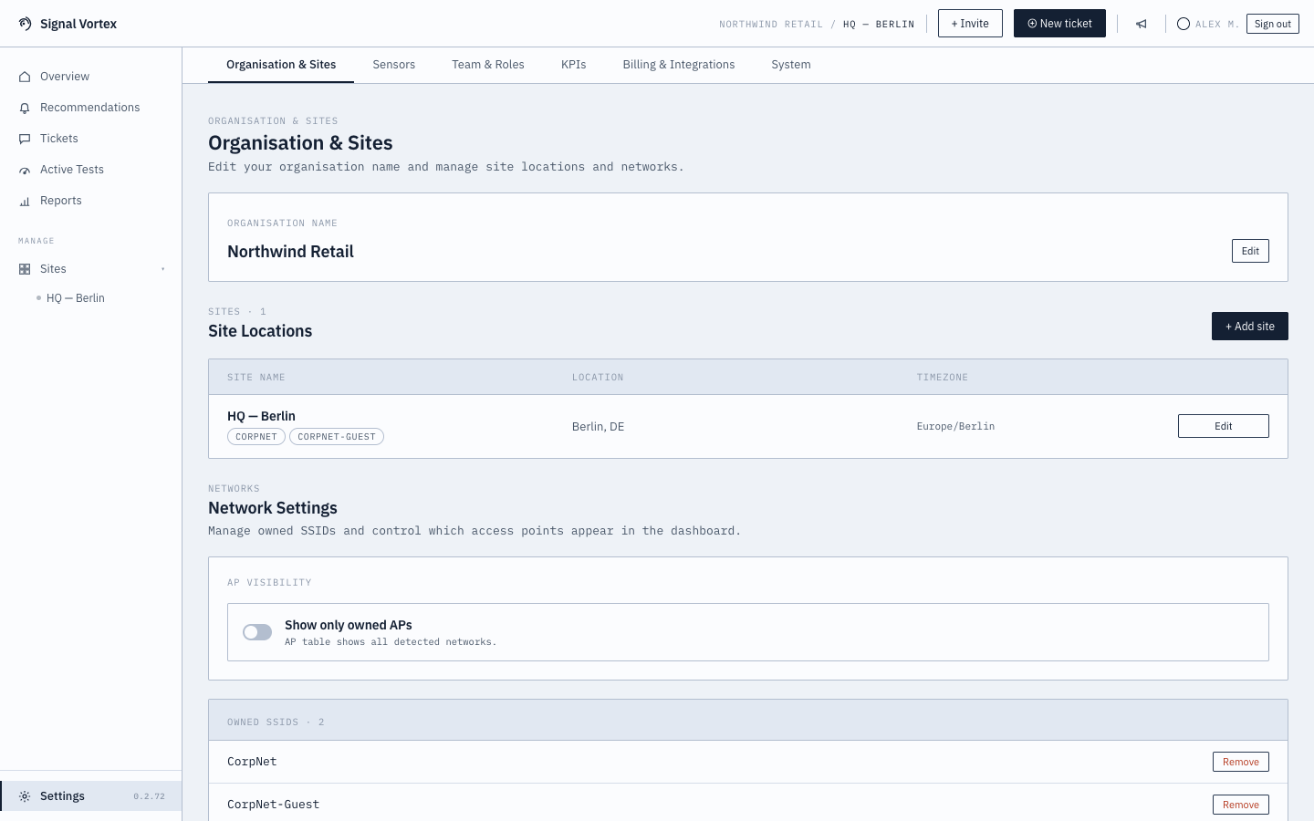 Organization and Sites settings