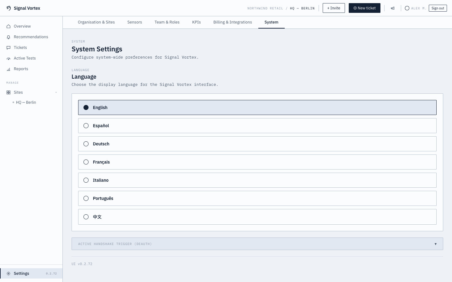System settings tab